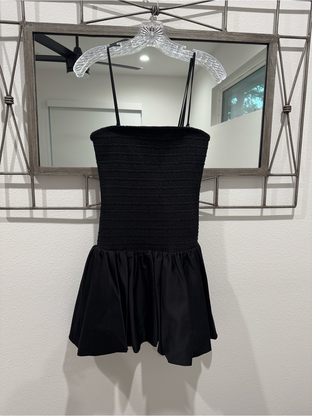 Alice + Olivia Black Smocked Mini Dress with Thin Straps